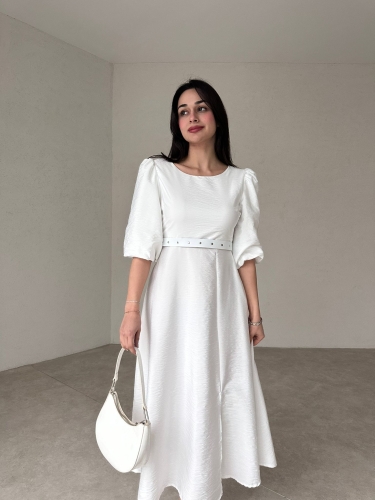 Karpuz Kollu Kemerli Solene Elbise - Beyaz - Mooi