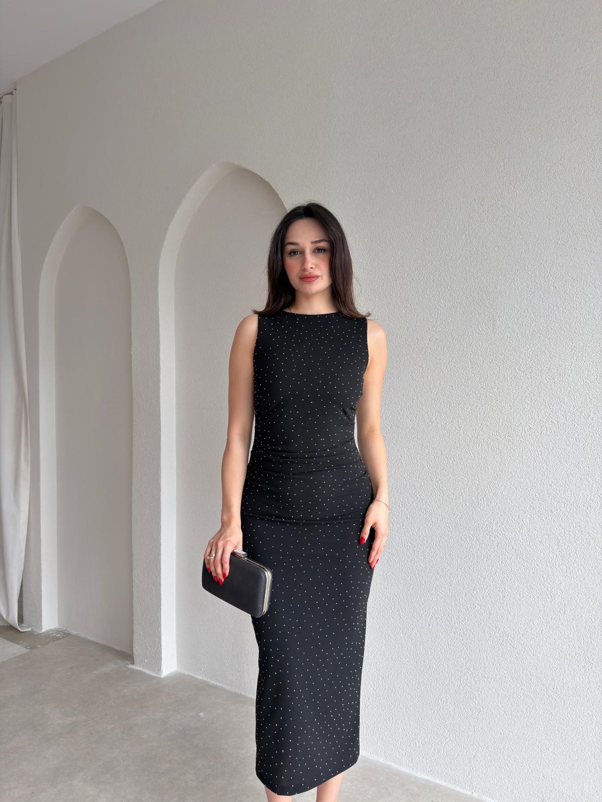 KELSEY Taşlı Midi Elbise 9028 - Siyah