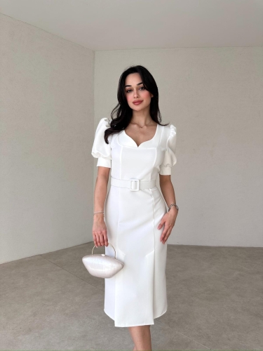 Kemerli Midi GİNA Elbise 0932 - Beyaz 
