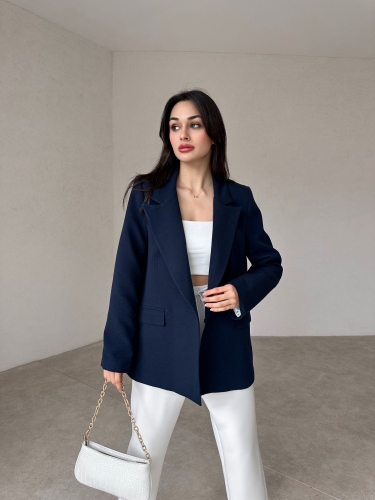 Keten Kumaş Fleur Ceket - Lacivert - Mooi