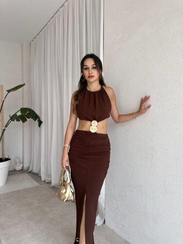 KİRKE Maxi Elbise 8242 - Kahverengi - Mooi Butik