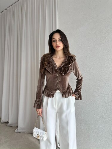 LABEL Kadife Bluz 8765 - Kahverengi - Mooi Butik