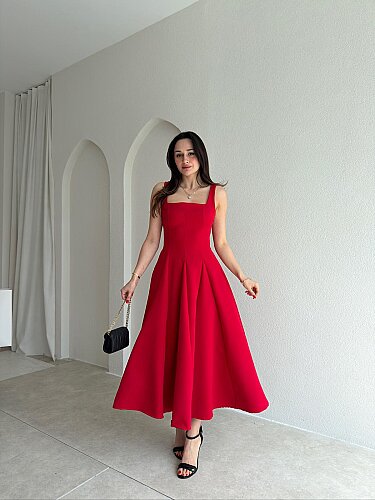 LAVOİR Kuşaklı Midi Elbise 5480 - Kırmızı - Mooi Butik