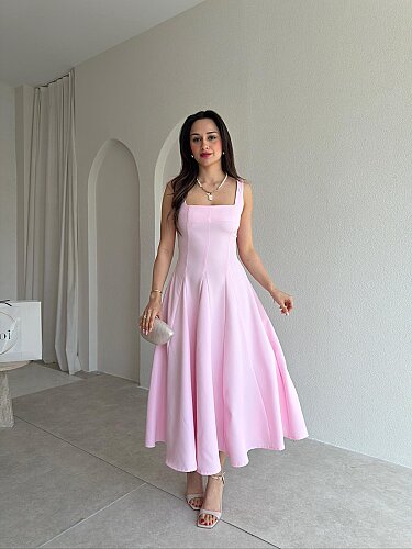 LAVOİR Kuşaklı Midi Elbise 5480 - Pembe - Mooi Butik