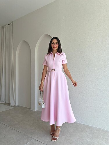 LEAVES Midi Elbise 3654 - Pembe - Mooi Butik