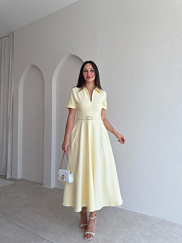 LEAVES Midi Elbise 3654 - Sarı - Mooi Butik