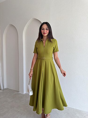 LEAVES Midi Elbise 3654 - Yağ Yeşili - Mooi Butik