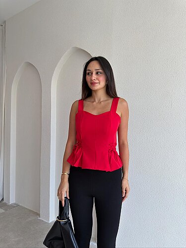 LEMİNA Bel Detaylı Bluz 8027 - Kırmızı - Mooi Butik
