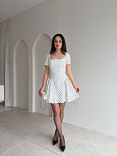 LESTER Puantiyeli Mini Elbise 2984 - Beyaz - Mooi Butik