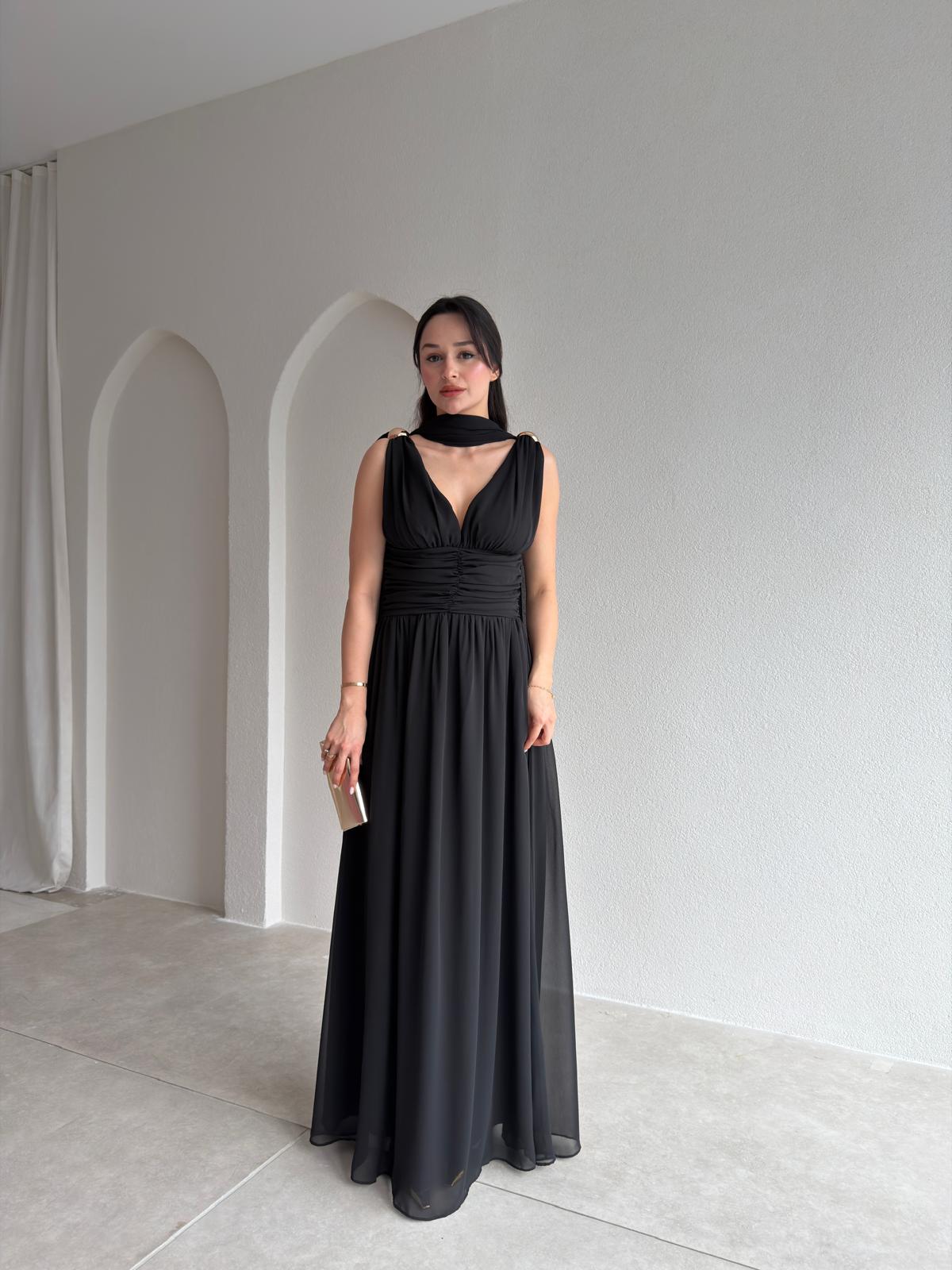 LEVANTE Şallı Maxi Elbise 8997 - Siyah