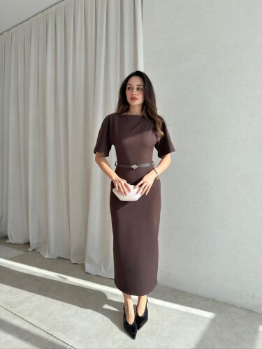 LİNEN Elbise 8822 - Acı Kahve - Mooi Butik