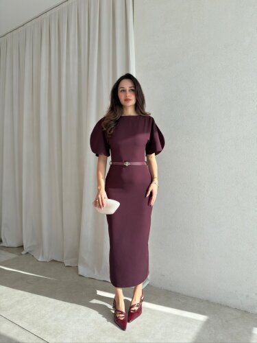 LİNEN Elbise 8822 - Mürdüm - Mooi Butik