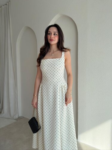 LİVA Puantiyeli Midi Elbise 8980 - Krem - Mooi Butik