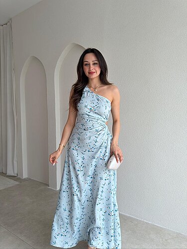 LİZARD Çiçekli Tek Omuz Maxi Elbise 9040 - Mavi - Mooi Butik