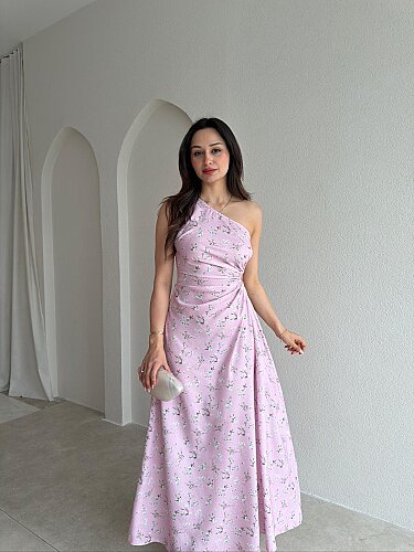 LİZARD Çiçekli Tek Omuz Maxi Elbise 9040 - Pudra - Mooi Butik