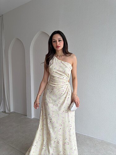 LİZARD Çiçekli Tek Omuz Maxi Elbise 9040 - Sarı - Mooi Butik