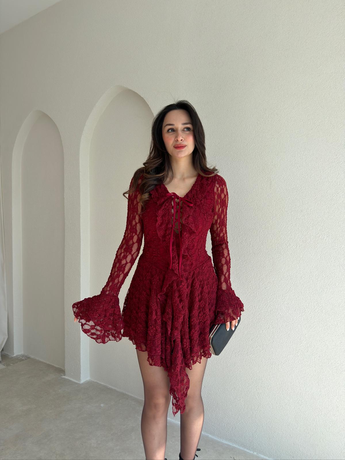 LUJO Dantelli Mini Elbise 9056 - Bordo