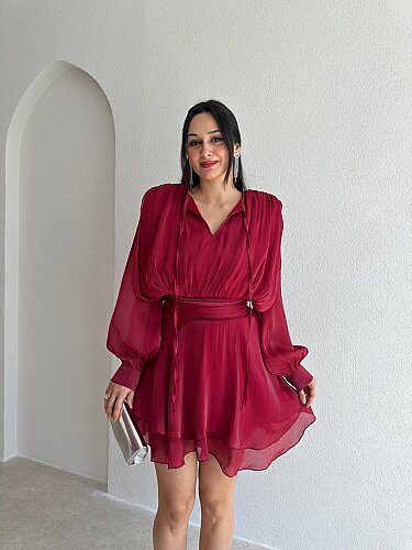 LYOCELL Mini Elbise 6341 - Bordo - Mooi Butik