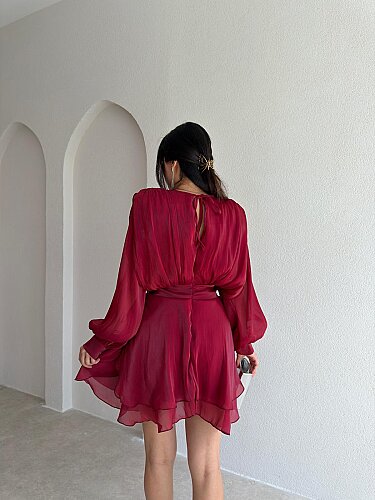 LYOCELL Mini Elbise 6341 - Bordo - 2