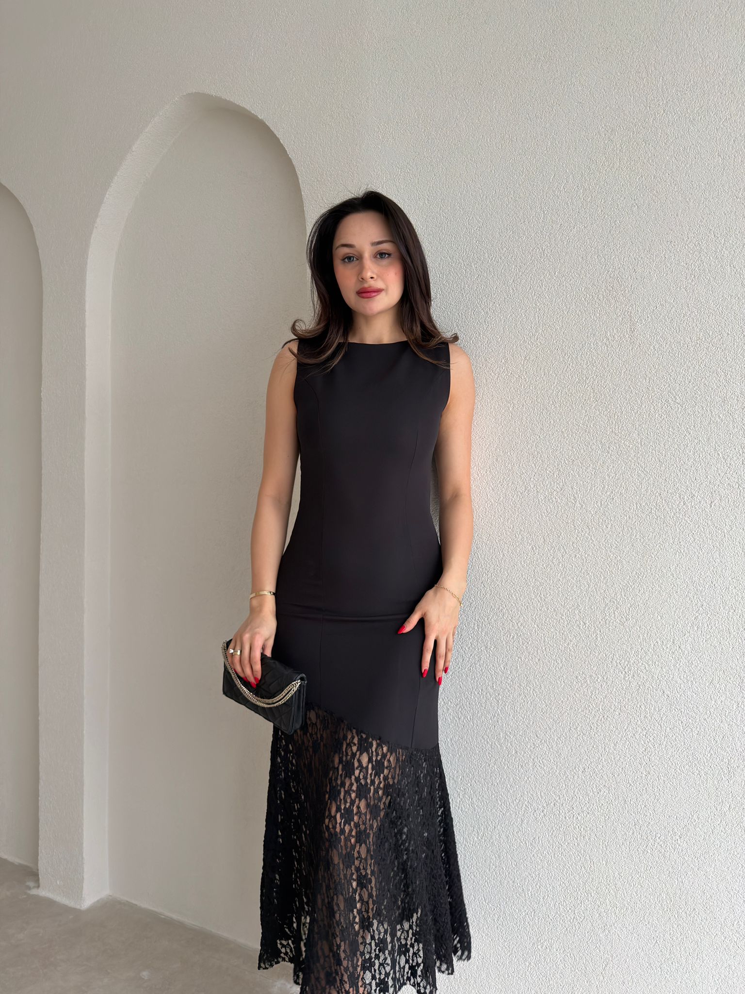 MANOLO Dantel Detaylı Midi Elbise 8960 - Siyah