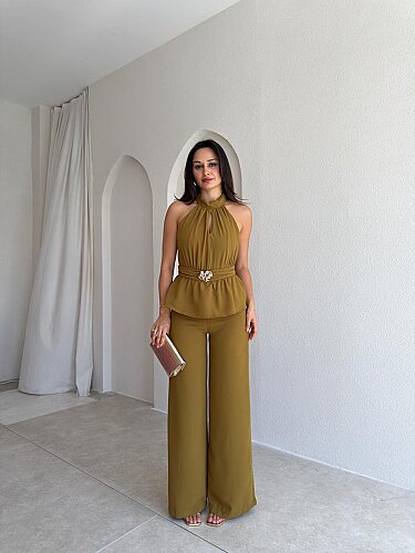 MARFA Broşlu Tulum 3767 - Yağ Yeşili - Mooi Butik