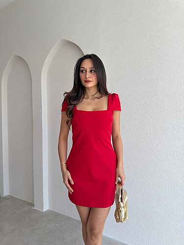 MARSU Kare Yaka Mini Elbise 4030 - Kırmızı - Mooi Butik