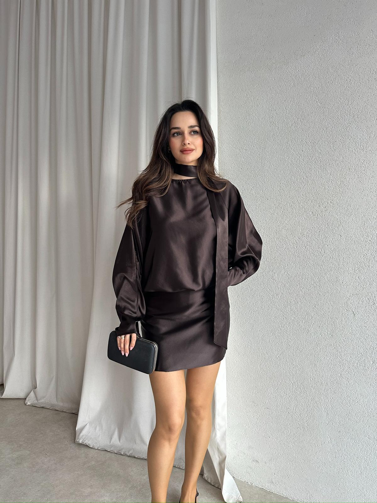 MAXİM Saten Mini Elbise 8737 - Acı Kahve