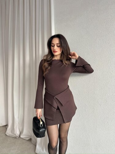 MEDUSA Parçalı Mini Elbise 8516 - Acı Kahve - Mooi Butik
