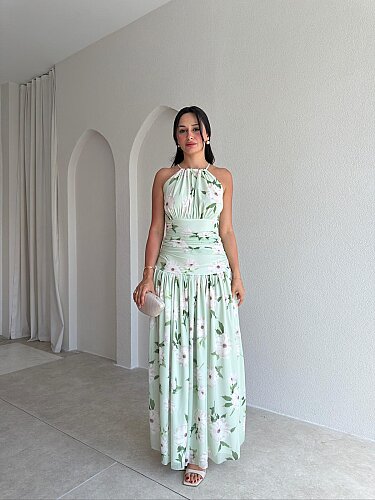MEİSSEN Çicek Desenli Maxi Elbise 9532 - Yeşil - Mooi Butik
