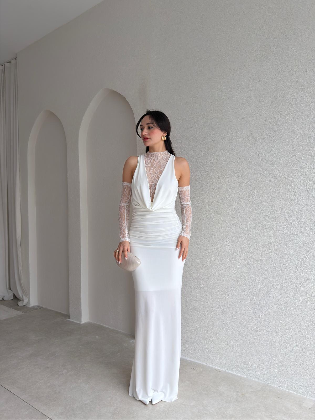 MELANİ Dantel Kol Maxi Elbise 2842 - Beyaz
