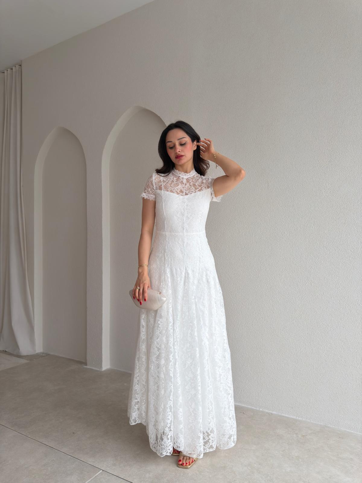 MİELE Dantel Detaylı Maxi Elbise 6644 - Beyaz