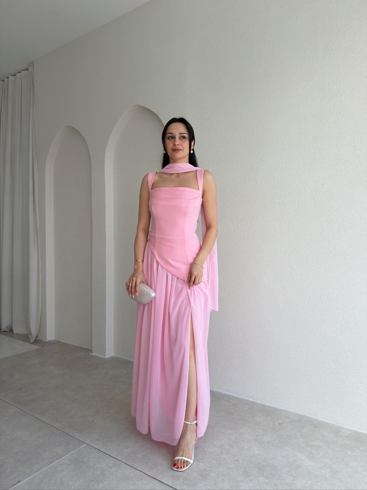 MİMOSA Maxi Şallı Elbise 8543 - Pembe