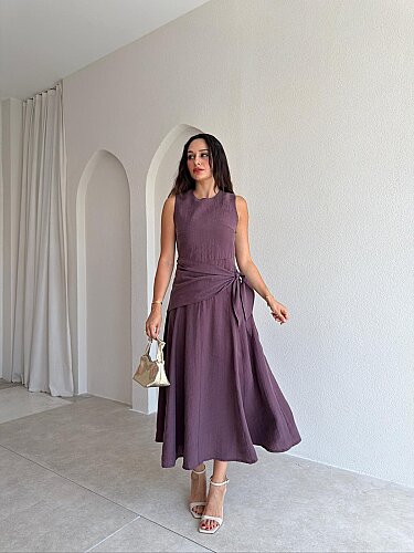 MİND Bağlama Detaylı Midi Elbise 1817 - Mürdüm - Mooi Butik