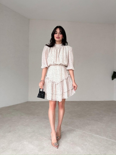 Mini Puantiyeli NARİSSA Elbise 9300 - Krem - Mooi Butik