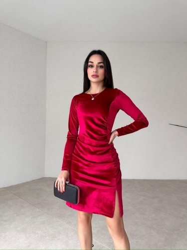 Mini Yırtmaçlı Kadife FREDRİC Elbise 2321 - Kırmızı - 1