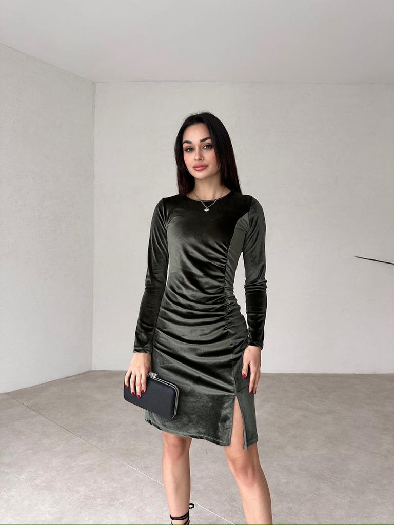 Mini Yırtmaçlı Kadife FREDRİC Elbise 2321 - Haki 