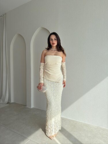 MOİRA Dantelli Maxi Elbise 9985 - Krem Rengi - Mooi Butik