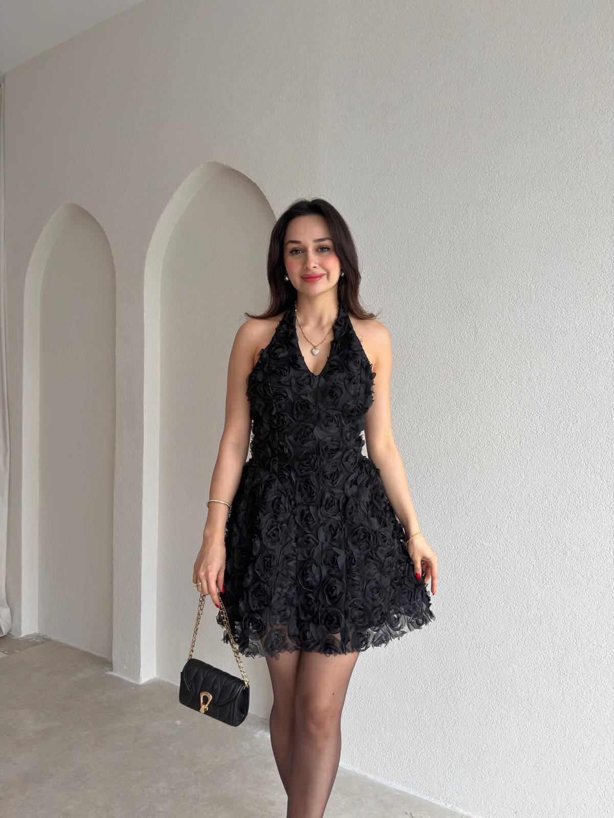 MONJE Kabartma Gül Desenli Mini Elbise 8974 - Siyah
