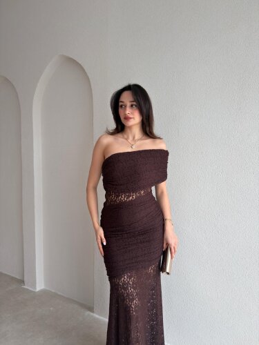 NARİYA Tek Omuz Elbise 3927 - Acı Kahve - Mooi Butik