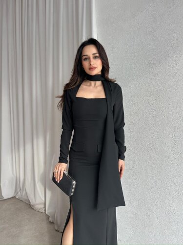 NESTOR Fularlı Elbise 2424 - Siyah - Mooi Butik