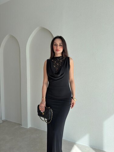 ODELLA Dantelli Maxi Elbise 2024 - Siyah - Mooi Butik