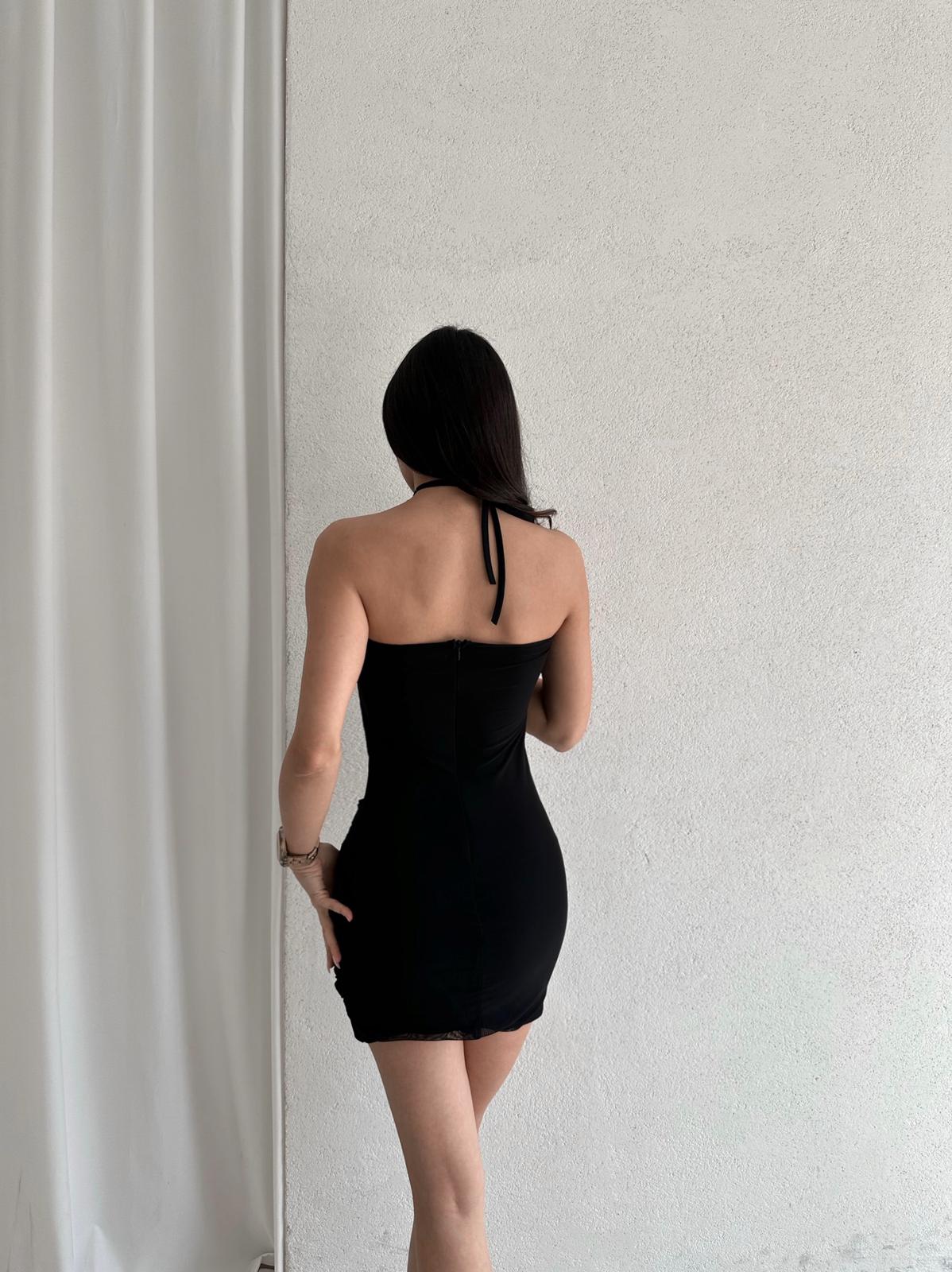 Ortanca Çiçeği Detaylı Mini ALİSON Elbise 5352 - Siyah