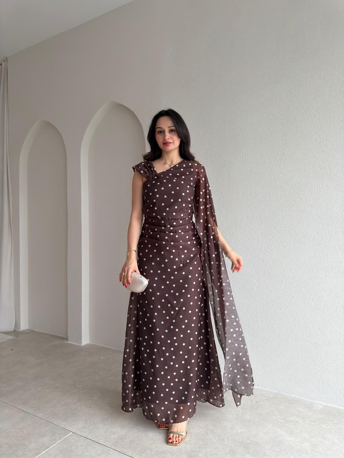 PAİN Puantiyeli Maxi Elbise 1748 - Acı Kahve