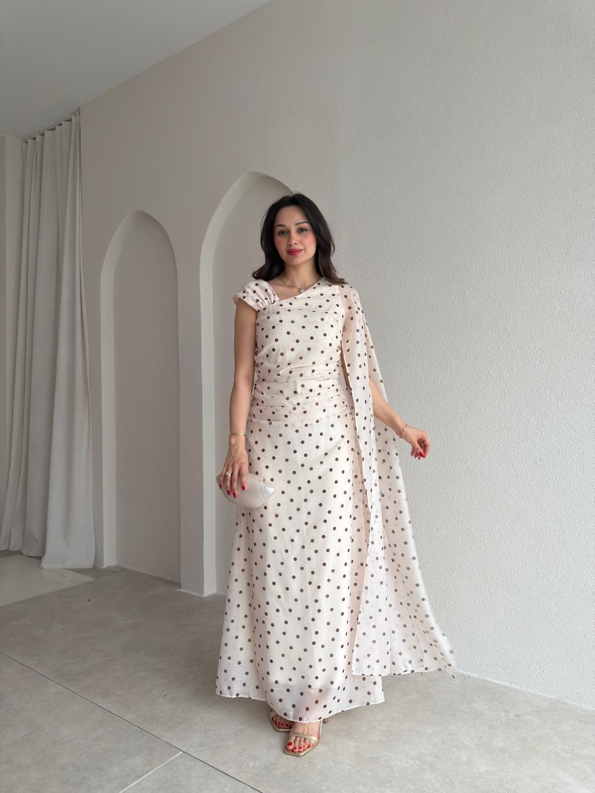PAİN Puantiyeli Maxi Elbise 1748 - Krem Rengi