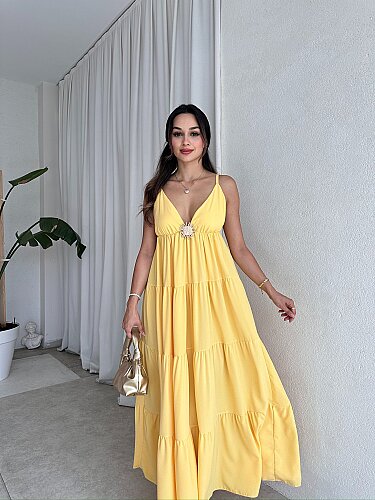 PAYNE Güneş Broşlu Elbise 8055 - Sarı - Mooi Butik