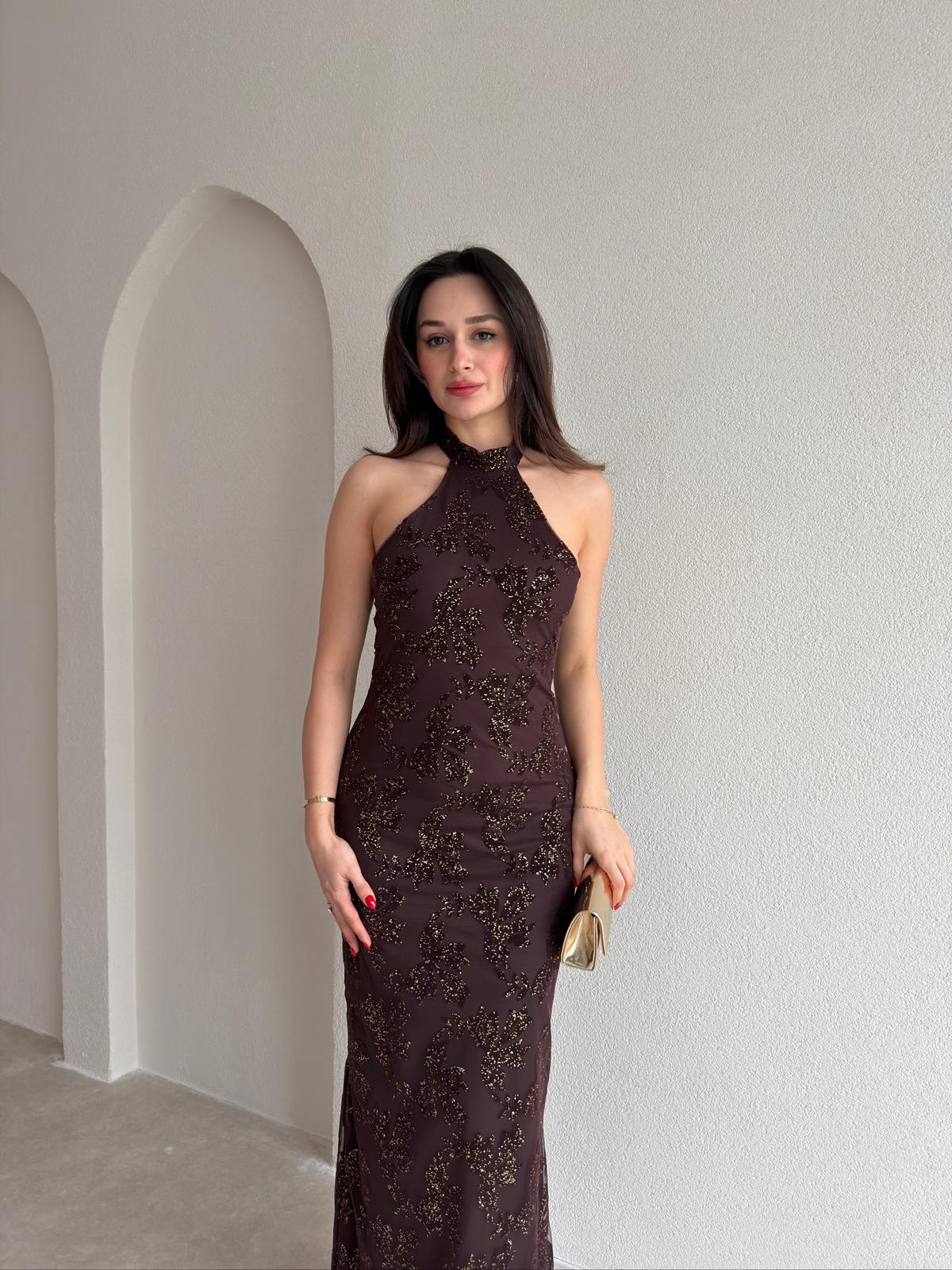 PERLA Simli Maxi Elbise 5450 - Acı Kahve