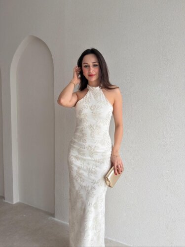 PERLA Simli Maxi Elbise 5450 - Beyaz - Mooi Butik