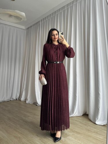 PETER Kemerli Maxi Elbise 8773 - Bordo - Mooi Butik