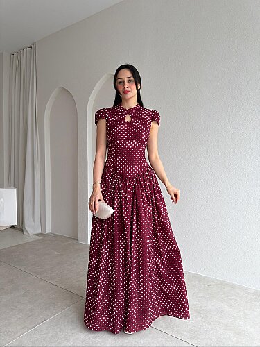 PİGLET Puantiyeli Maxi Elbise 8849 - Bordo - Mooi Butik