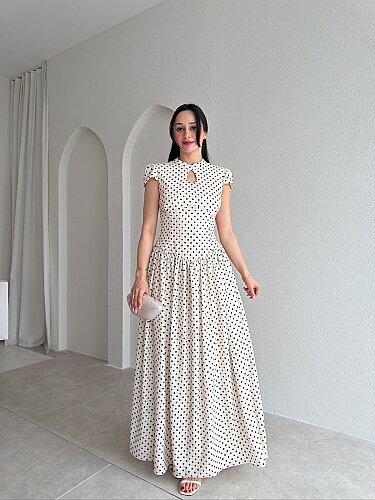 PİGLET Puantiyeli Maxi Elbise 8849 - Krem Rengi - Mooi Butik